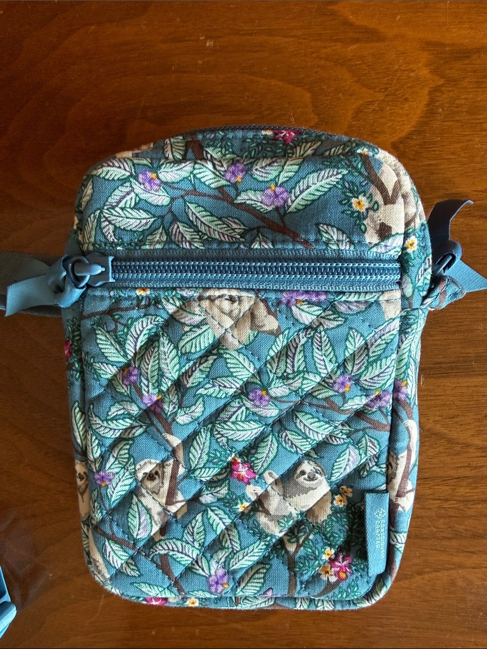 Vera Bradley Teal Quilted Mini fanny pack style or sling with Sloth & Leaf Print